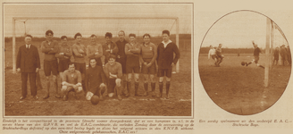 873485 Collage van 2 foto's betreffende de voetbalwedstrijd tussen de Utrechtse clubs E.A.C. en Stichtsche Boys in de ...